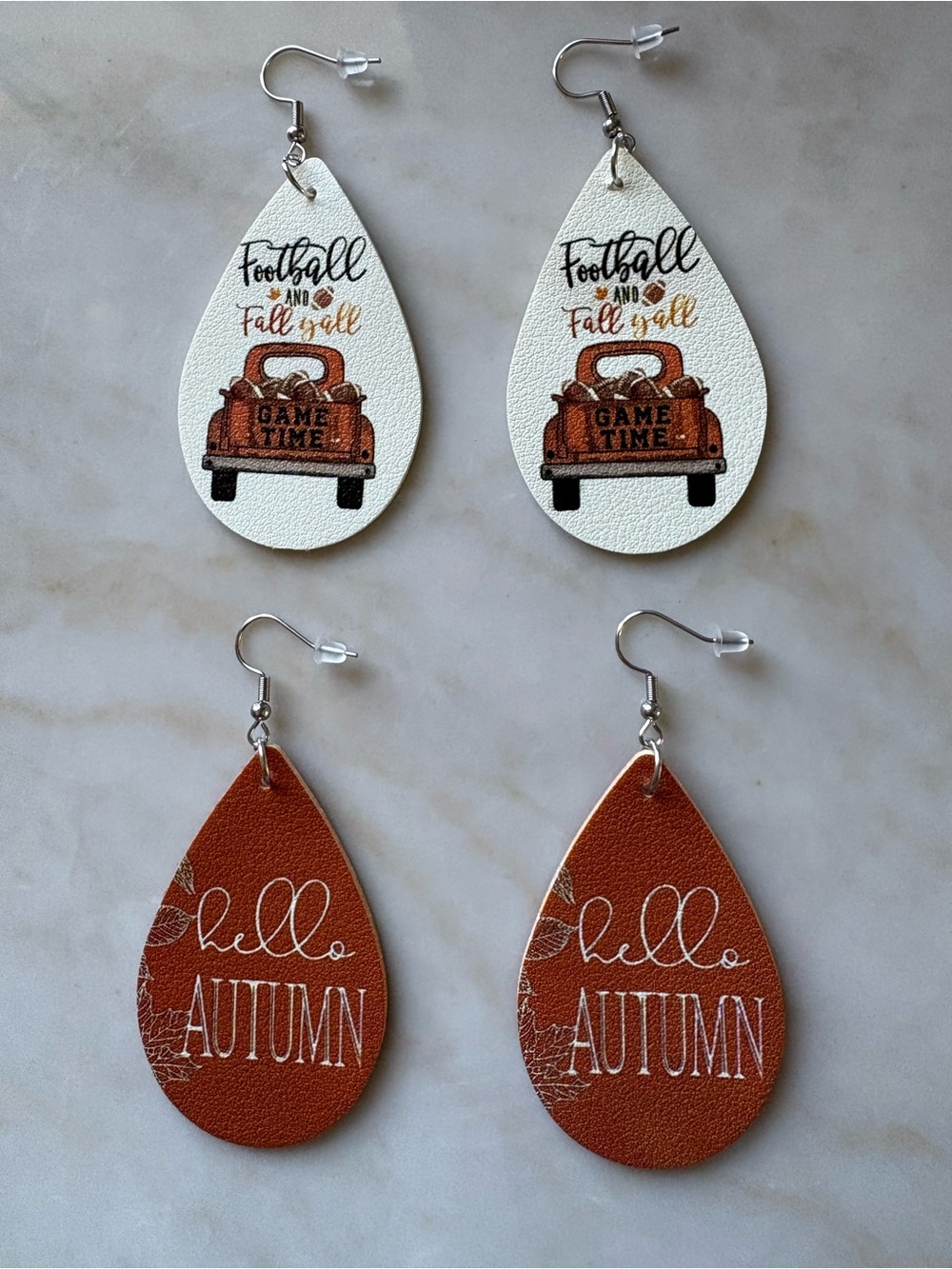 Hello Autumn & Game Time Teardrop Leather Earrings - White & Brown Double sided